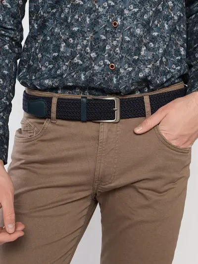 Ремень текстильный плетеный темно-синего цвета на пряжке